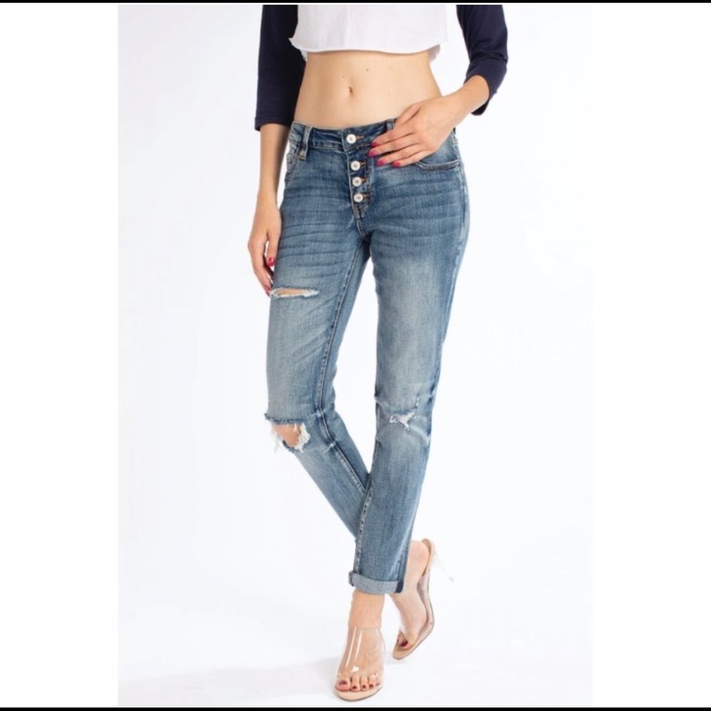 New! Kancan Girlfriend distressed Button Up Denim Jean